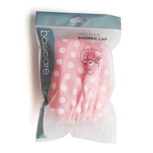 Cofia de baño rosa con lunares blancos