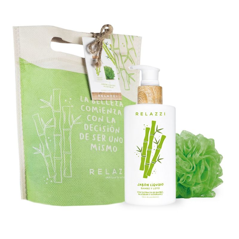 RELAZZI-BOX-FELICIDAD-BAMBU--JABON-LIQUIDO-ESPONJA-BOLSA-